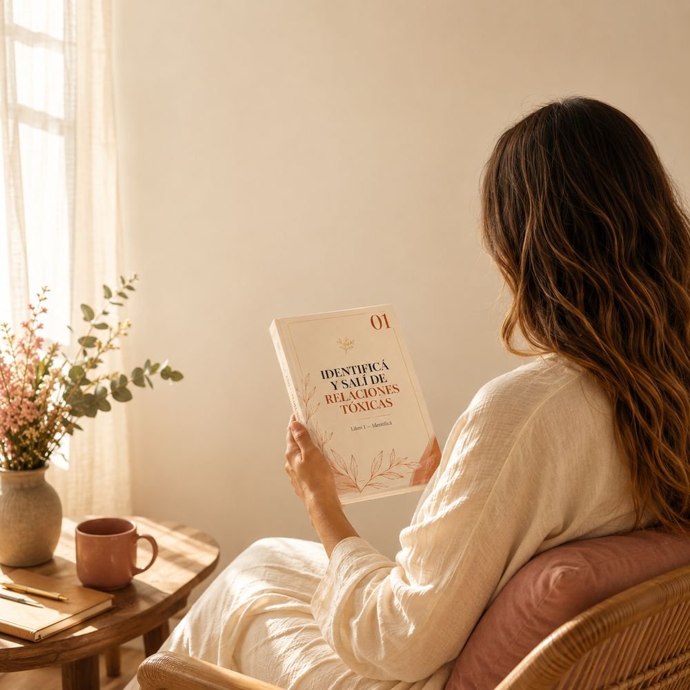 Mujer leyendo el Libro 1 — Identificá y Salí de Relaciones Tóxicas